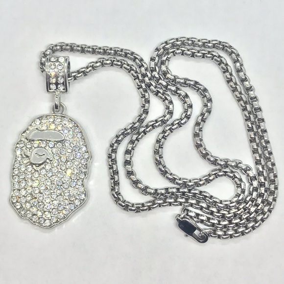 Bape Diamond White Gold Filled Pendant Rope Chain - Picture 1 of 4